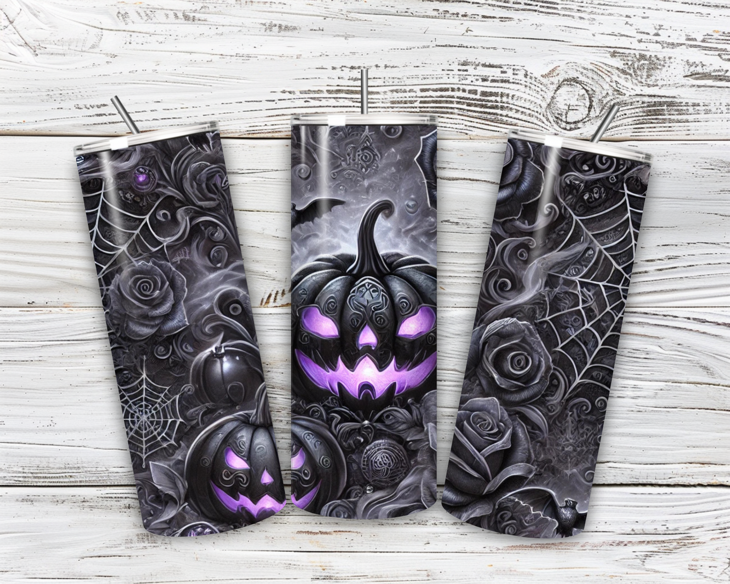 🎃Gothic Halloween Tumbler 20oz – Black Pumpkin with Purple Glow | Double-walled stainless steel cup with straw