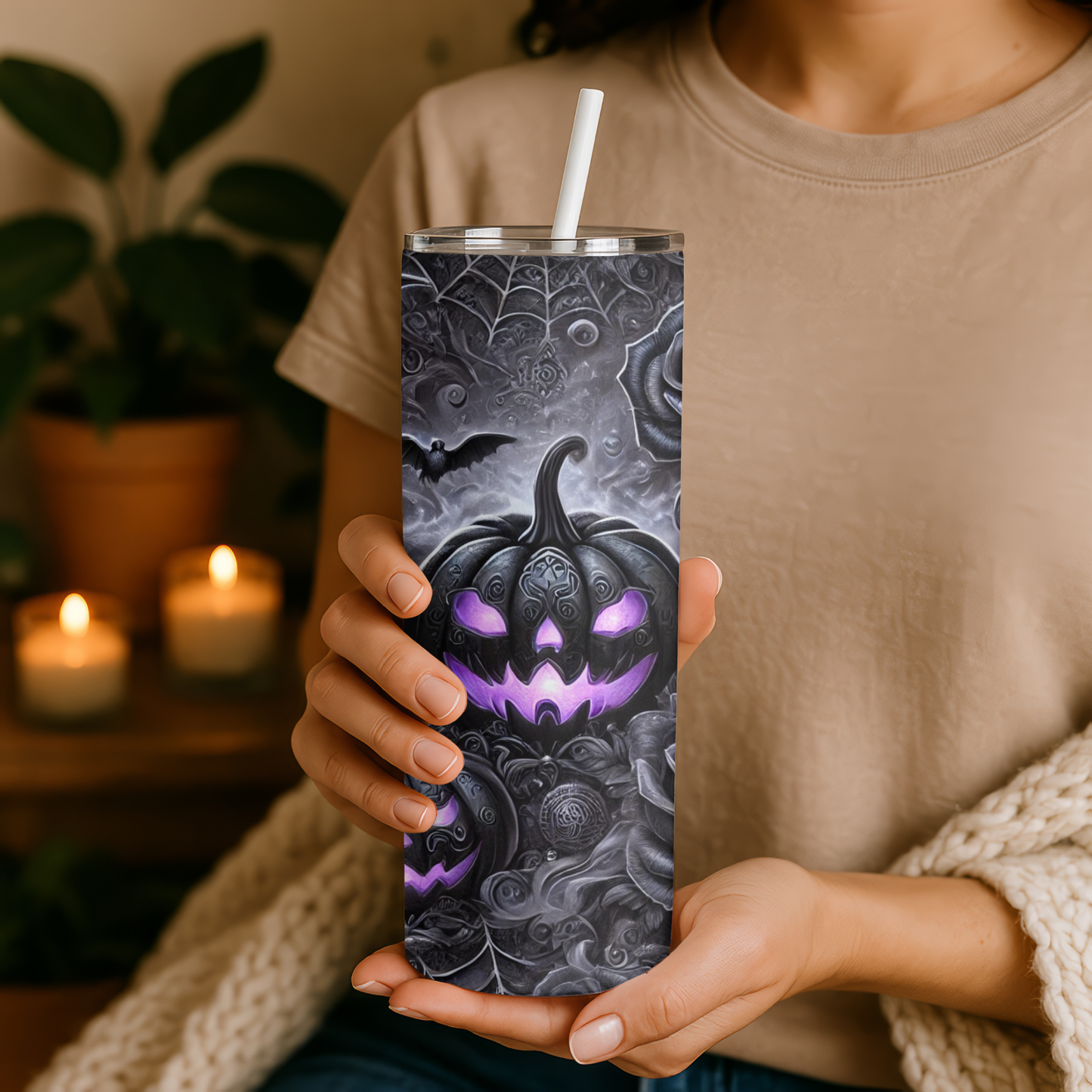 🎃Gothic Halloween Tumbler 20oz – Black Pumpkin with Purple Glow | Double-walled stainless steel cup with straw
