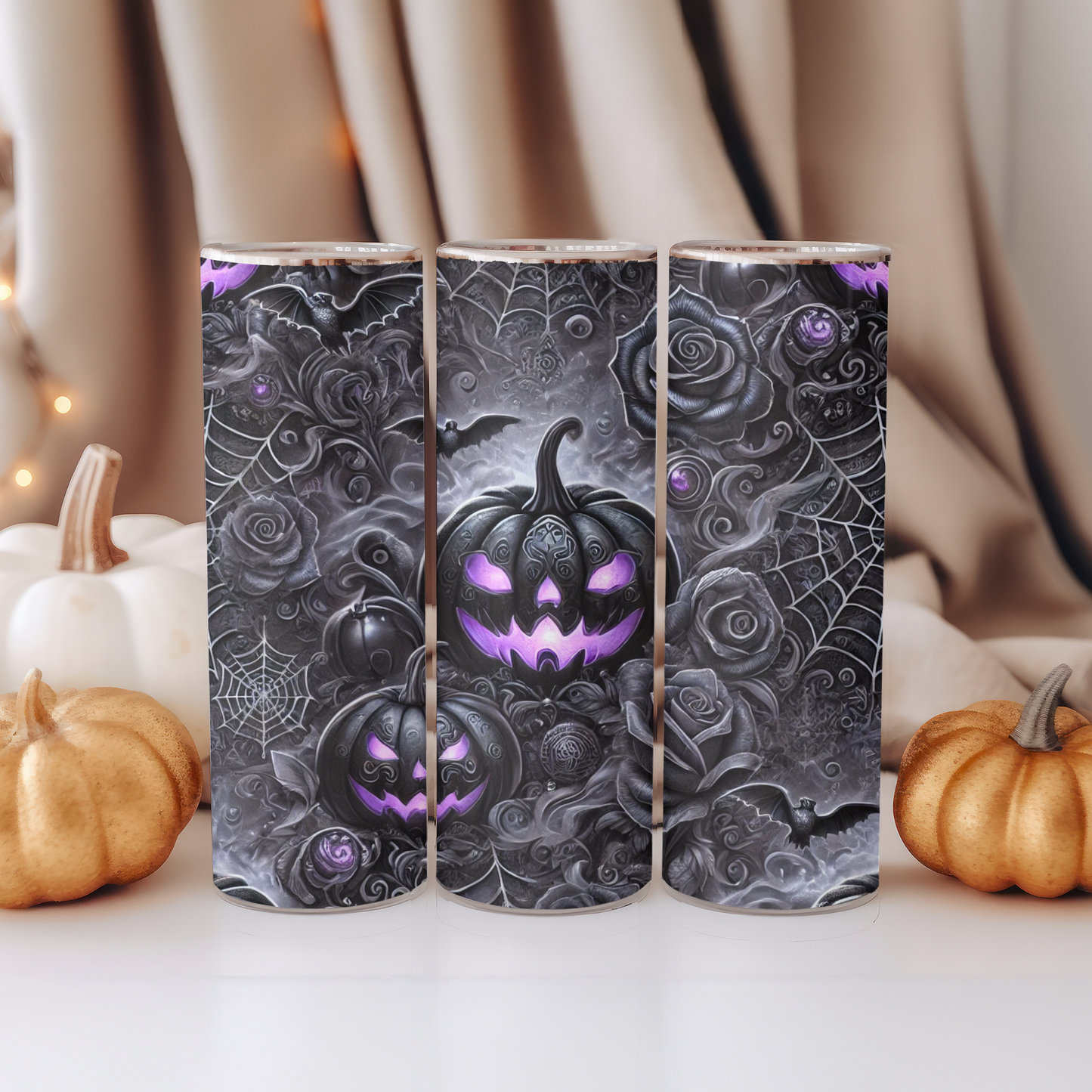 🎃Gothic Halloween Tumbler 20oz – Black Pumpkin with Purple Glow | Double-walled stainless steel cup with straw