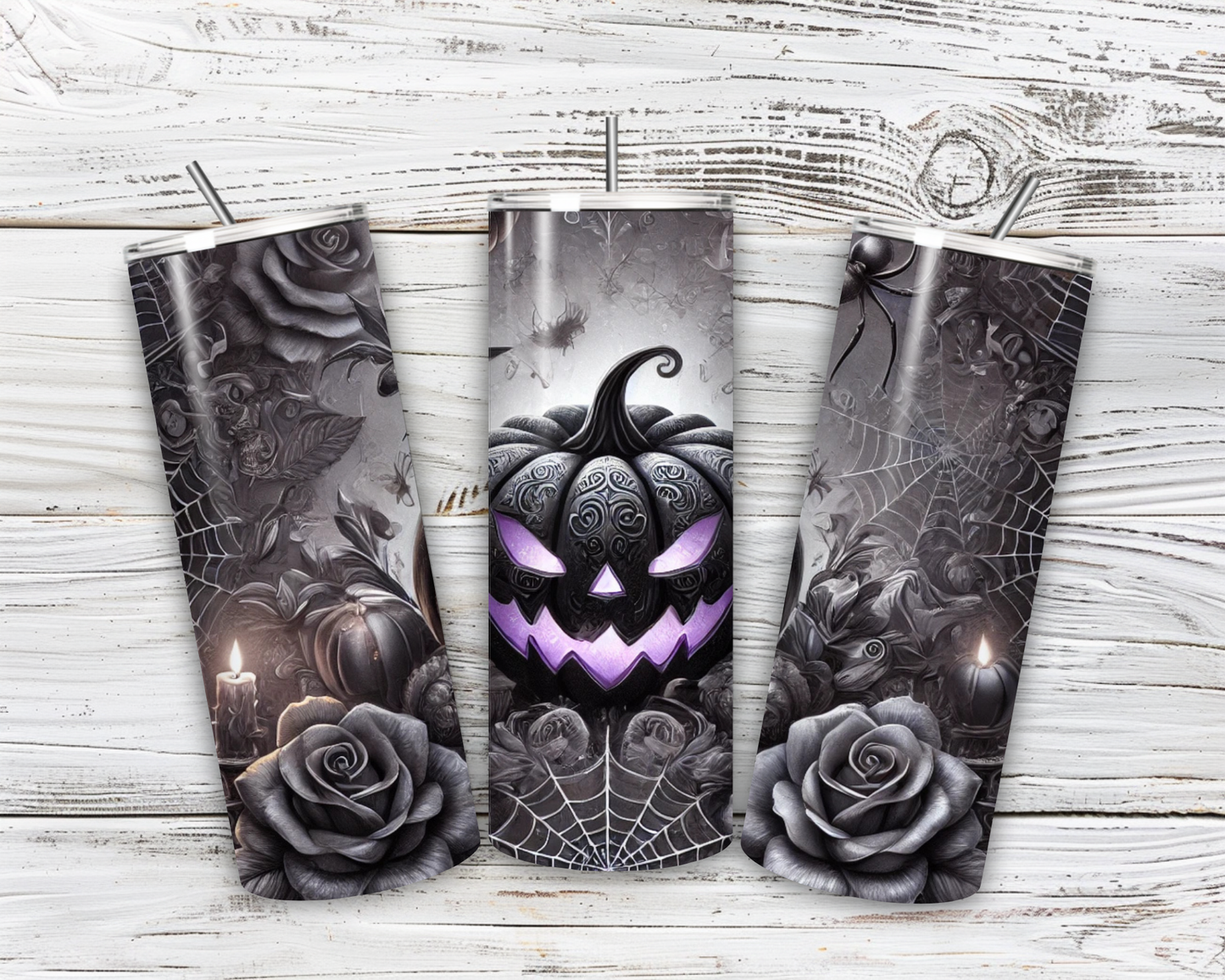 🎃Gothic Halloween Tumbler 20oz – Black Pumpkin with Roses & Candles | Double-walled stainless steel cup with straw
