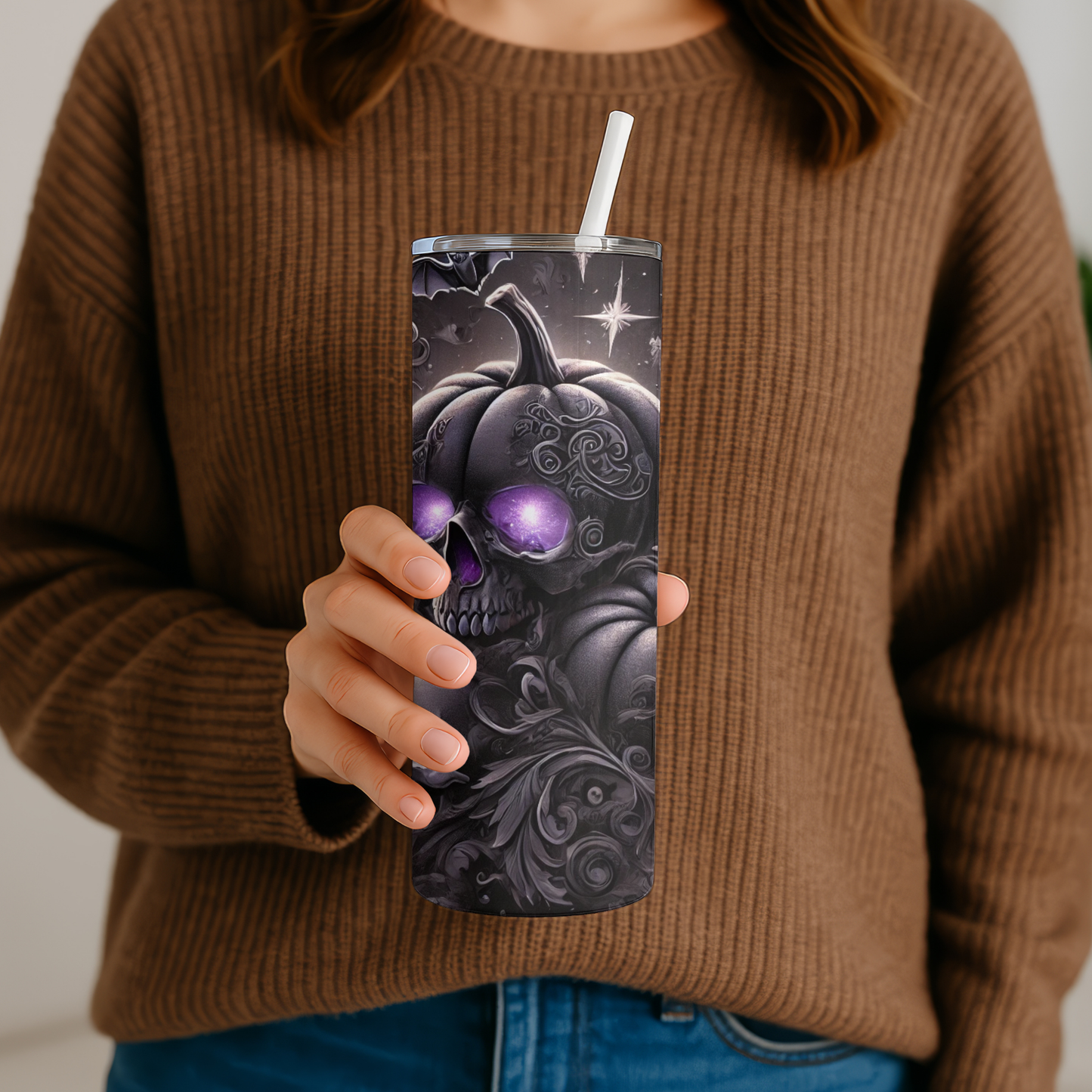 💀Gothic Halloween Tumbler 20oz – Black Pumpkin with Skull & Bat | Stainless Steel Cup with Purple Glow