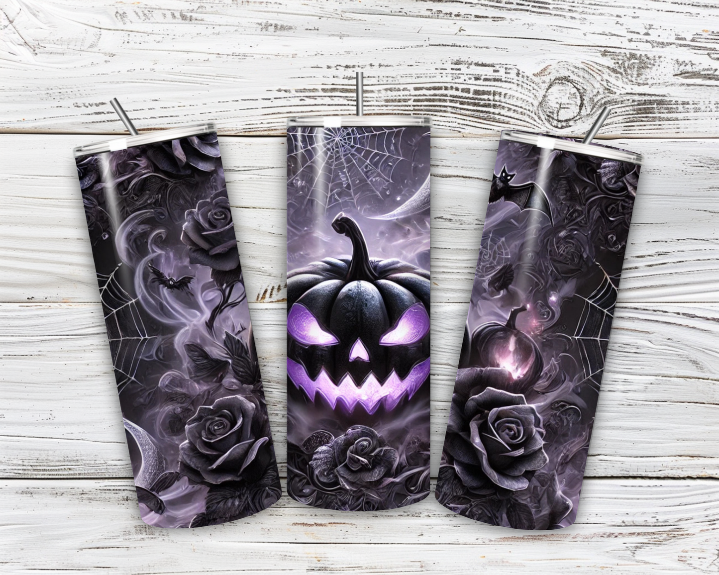 🎃Gothic Halloween Tumbler 20oz – Black pumpkin with bats and roses | Stainless steel mug with purple glow