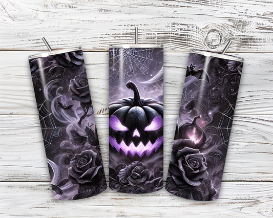 🎃Gothic Halloween Tumbler 20oz – Schwarzer Kürbis mit Fledermäusen und Rosen | Edelstahl Becher mit violettem Glow