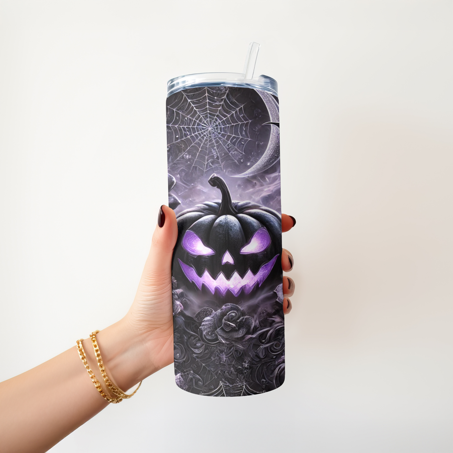 🎃Gothic Halloween Tumbler 20oz – Black pumpkin with bats and roses | Stainless steel mug with purple glow