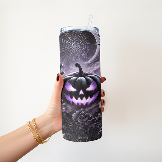 🎃Gothic Halloween Tumbler 20oz – Schwarzer Kürbis mit Fledermäusen und Rosen | Edelstahl Becher mit violettem Glow