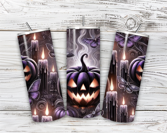 🕯️Gothic Halloween Tumbler 20oz – Schwarzer Kürbis mit Kerzen & Schmetterlingen | Doppelwand-Edelstahl Becher