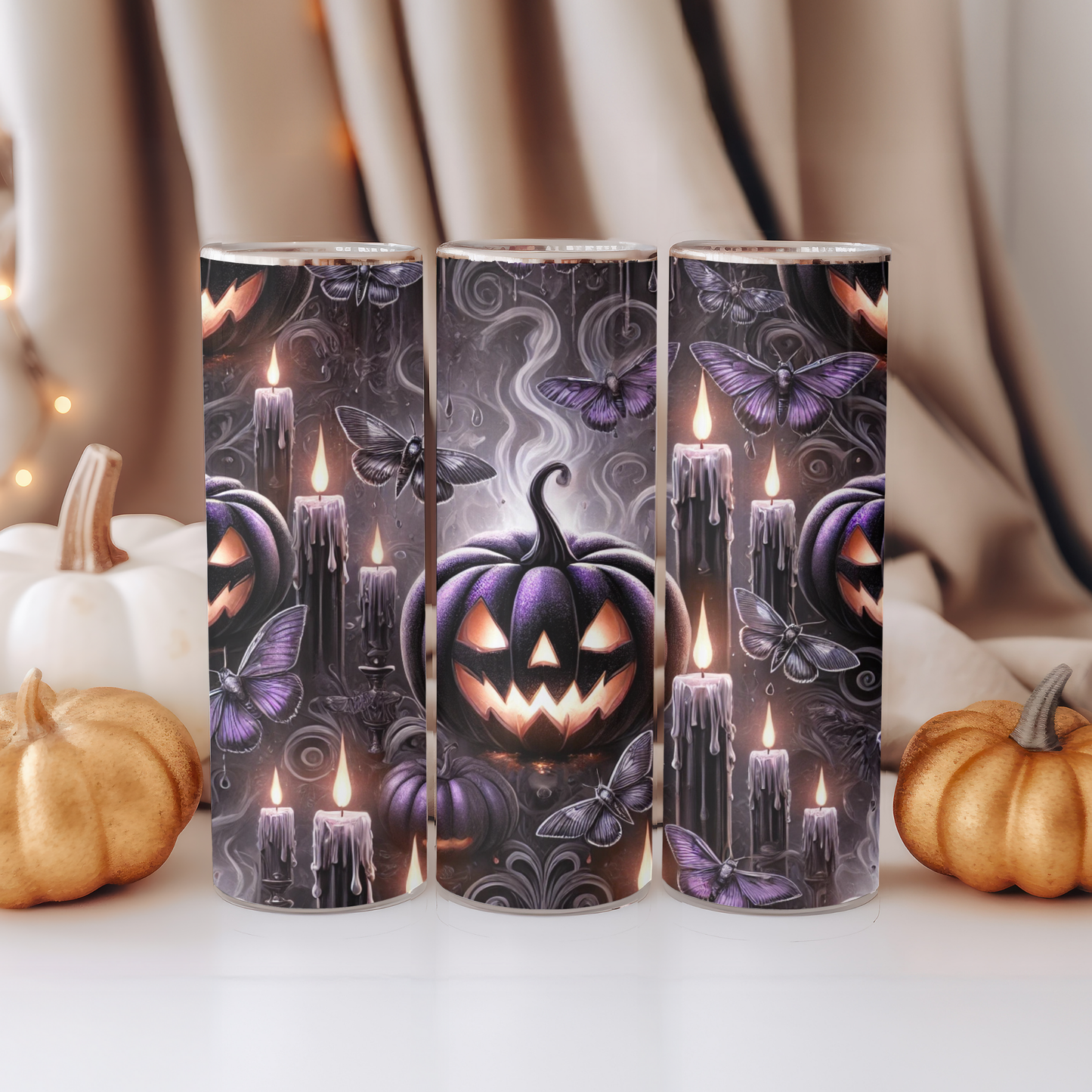 🕯️Gothic Halloween Tumbler 20oz – Black Pumpkin with Candles & Butterflies | Double-Walled Stainless Steel Mug