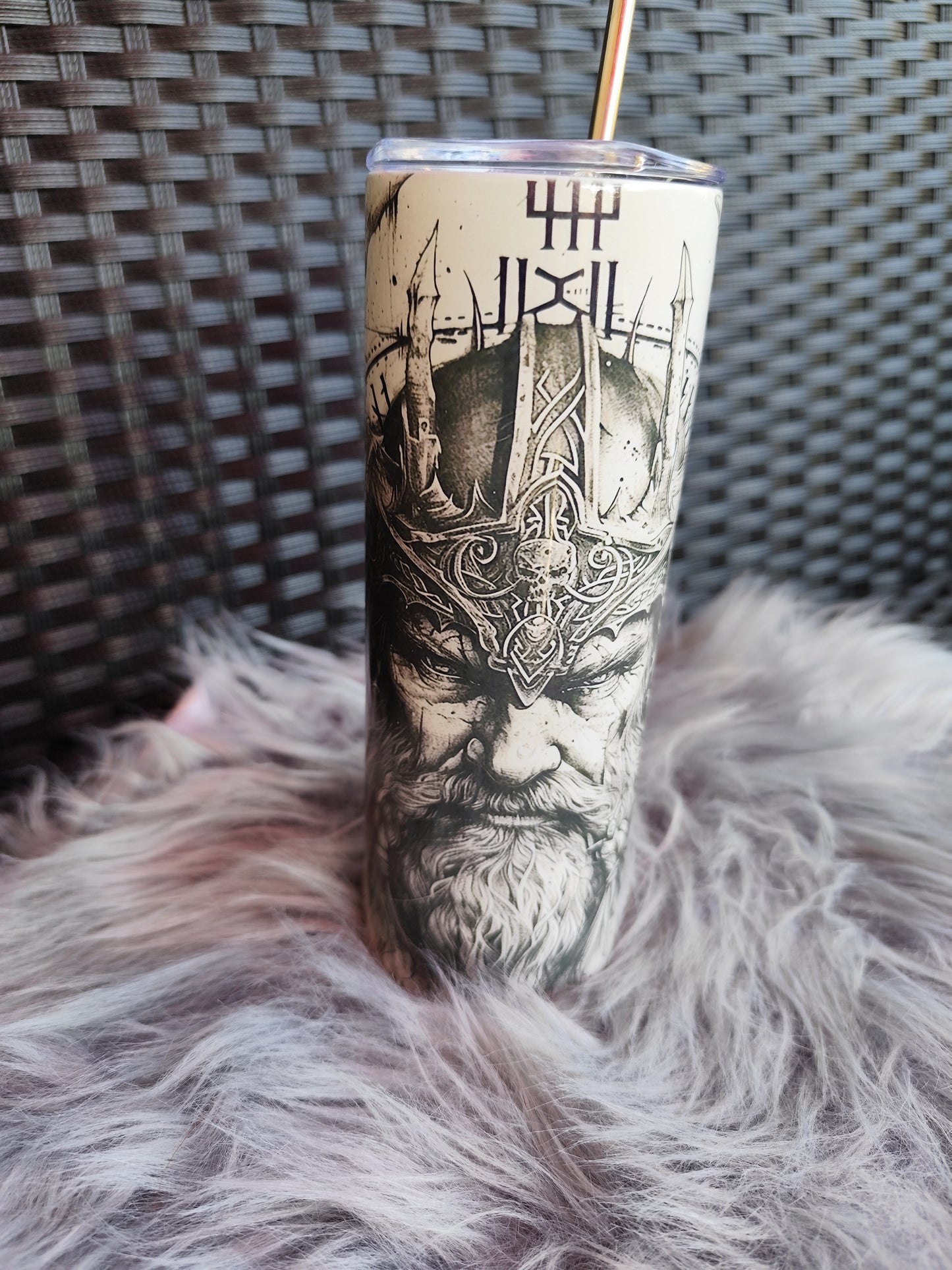 Viking Tumbler 20oz – Odin Design, Stainless Steel Thermo Mug with Straw, Nordic Runes & Viking Art