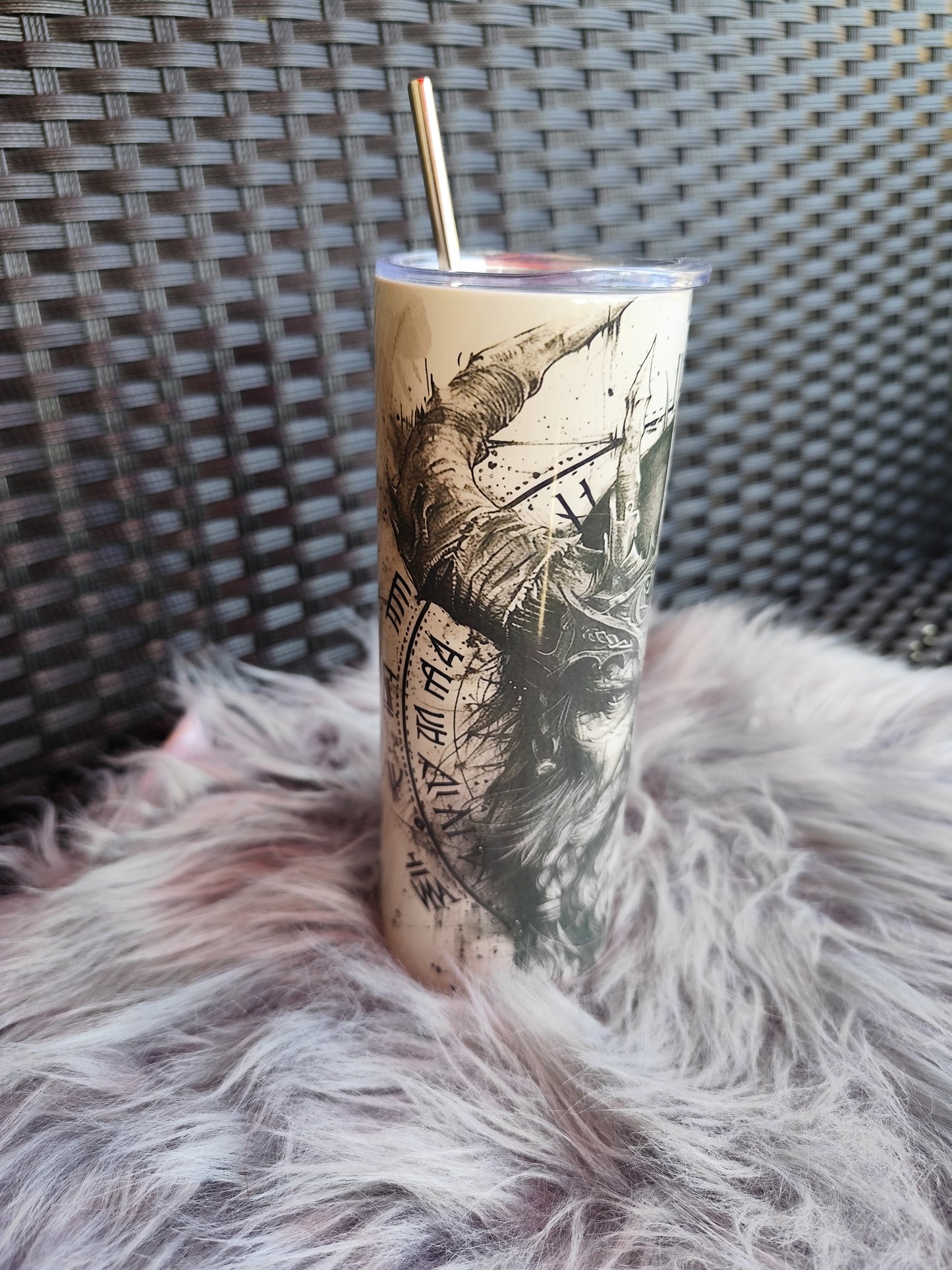 Viking Tumbler 20oz – Odin Design, Stainless Steel Thermo Mug with Straw, Nordic Runes & Viking Art
