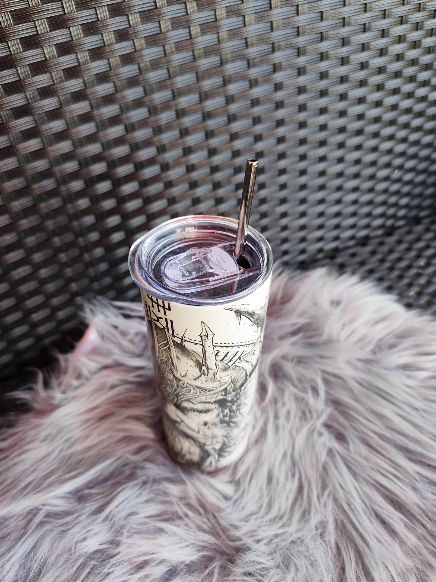 Viking Tumbler 20oz – Odin Design, Stainless Steel Thermo Mug with Straw, Nordic Runes & Viking Art