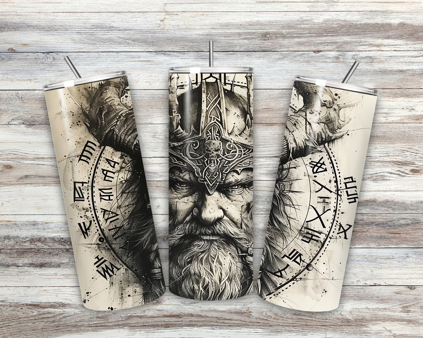 Viking Tumbler 20oz – Odin Design, Stainless Steel Thermo Mug with Straw, Nordic Runes & Viking Art