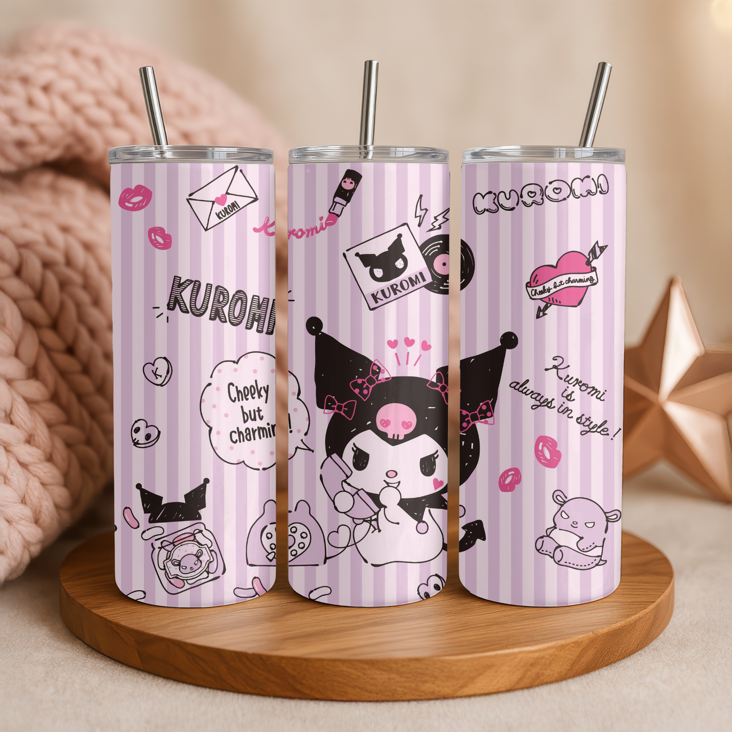 Kuromi Tumbler 20oz | Kawaii Becher mit Strohhalm & Deckel | Verschiedene Kuromi Designs | Thermobecher für Sanrio und Hello Kitty Fans