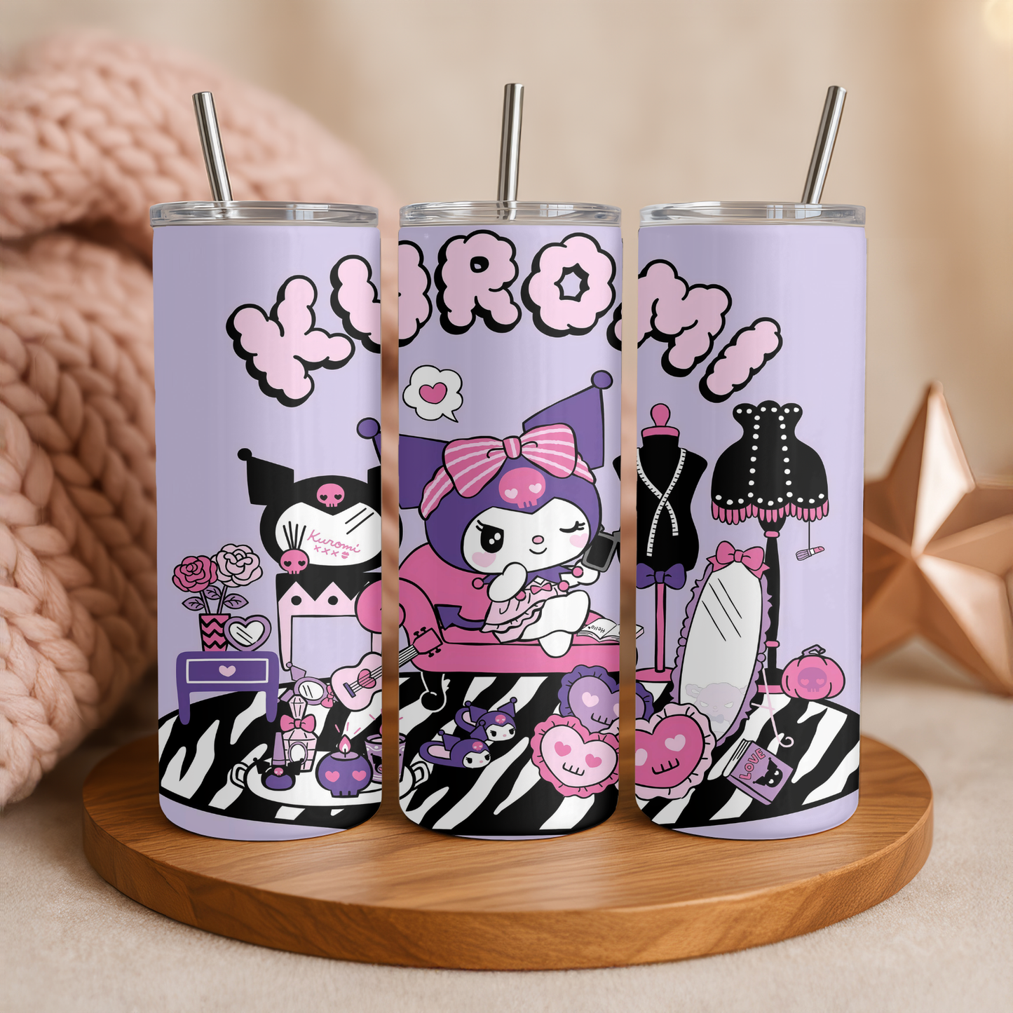 Kuromi Tumbler 20oz | Kawaii Becher mit Strohhalm & Deckel | Verschiedene Kuromi Designs | Thermobecher für Sanrio und Hello Kitty Fans