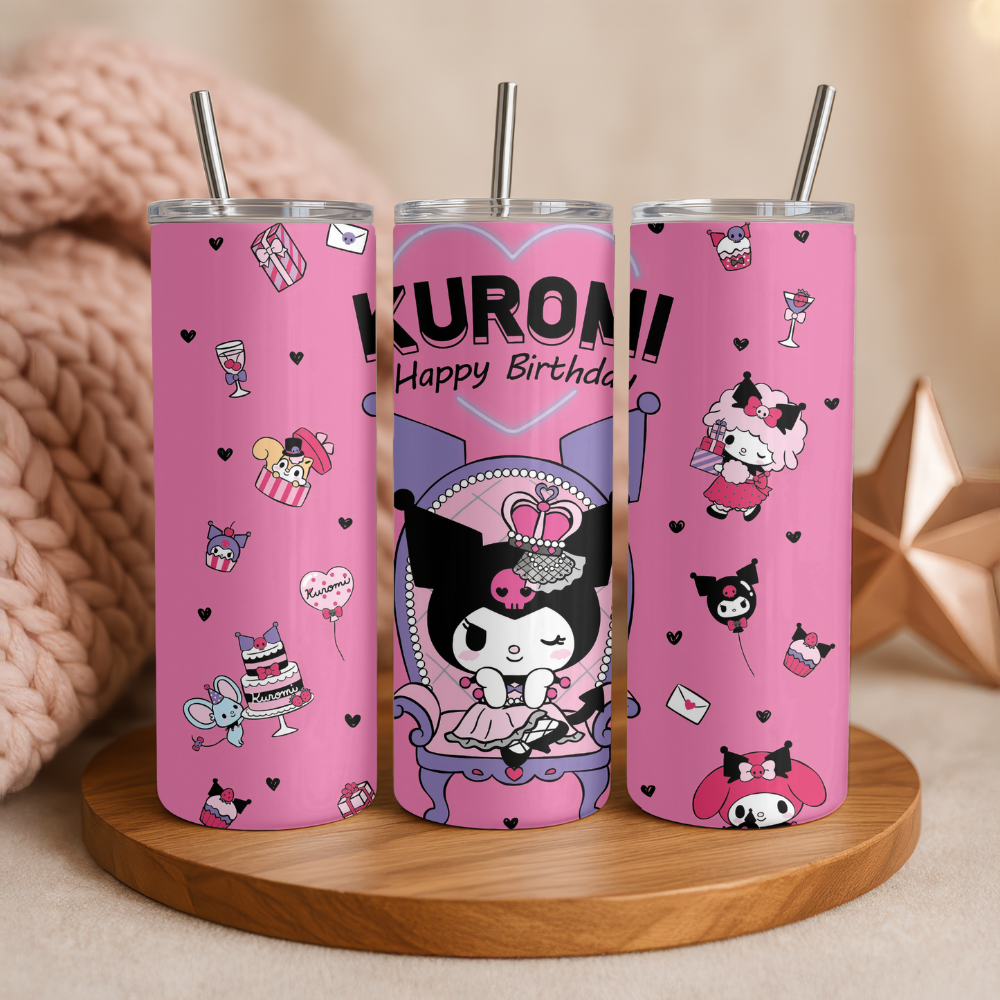 Kuromi Tumbler 20oz | Kawaii Becher mit Strohhalm & Deckel | Verschiedene Kuromi Designs | Thermobecher für Sanrio und Hello Kitty Fans