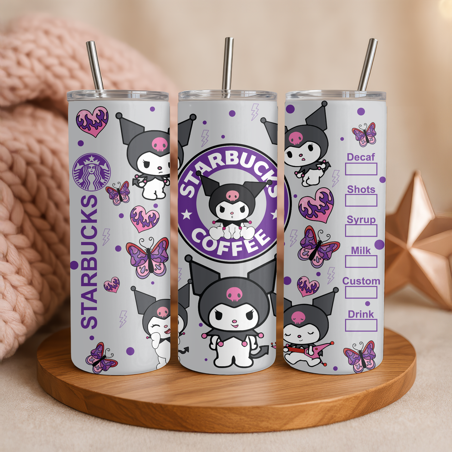 Kuromi Tumbler 20oz | Kawaii Becher mit Strohhalm & Deckel | Verschiedene Kuromi Designs | Thermobecher für Sanrio und Hello Kitty Fans