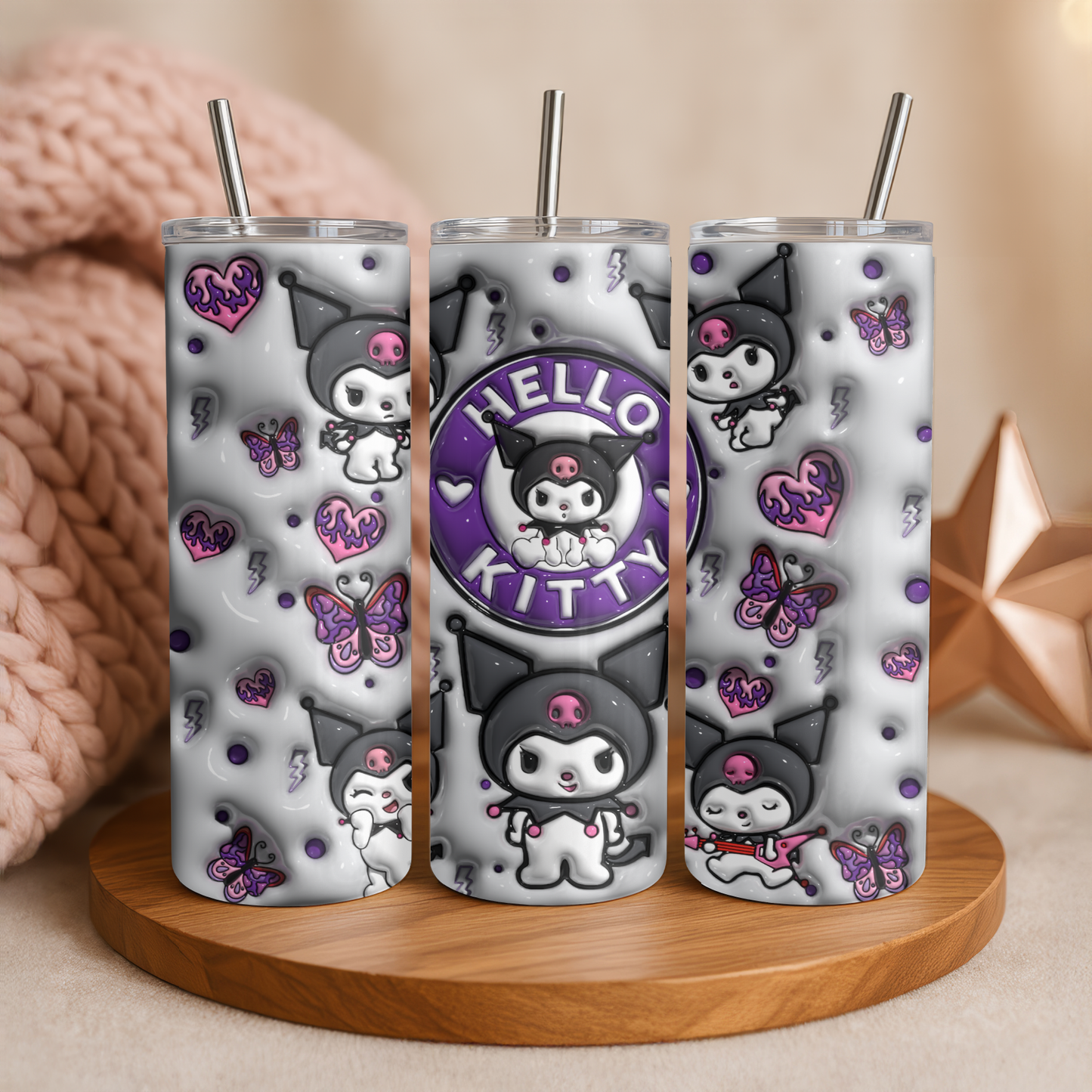 Kuromi Tumbler 20oz | Kawaii Becher mit Strohhalm & Deckel | Verschiedene Kuromi Designs | Thermobecher für Sanrio und Hello Kitty Fans