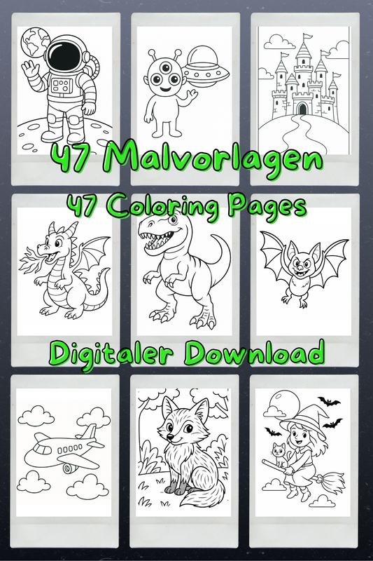 47 Coloring Pages as PNG Download | Children's Coloring Page Set to Print | Animals, Dinosaurs, Cars, Airplanes, Christmas
