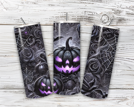 🎃Gothic Halloween Tumbler 20oz – Black Pumpkin with Purple Glow | Double-walled stainless steel cup with straw
