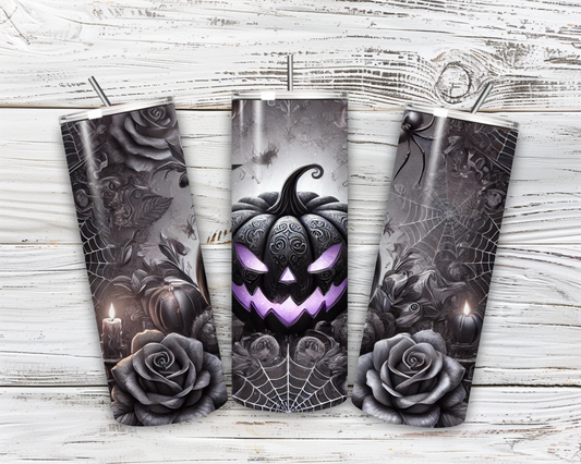 🎃Gothic Halloween Tumbler 20oz – Black Pumpkin with Roses & Candles | Double-walled stainless steel cup with straw