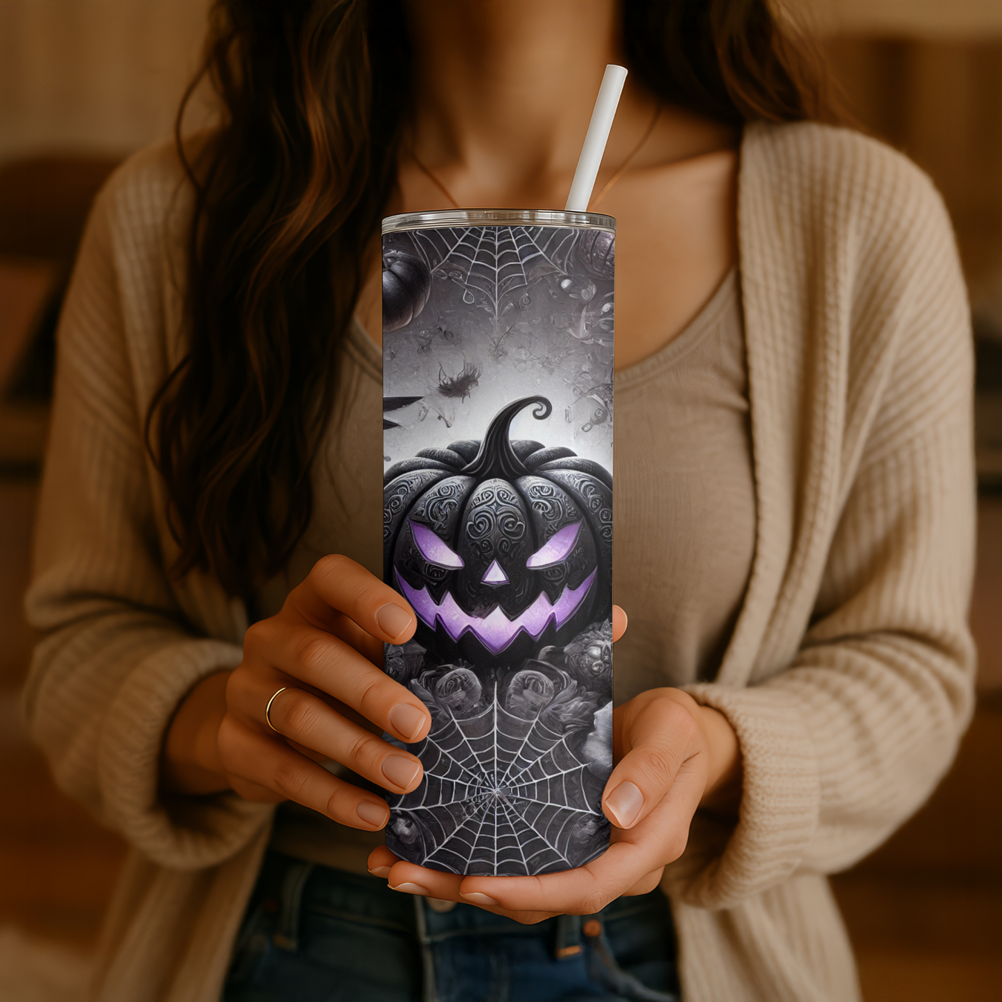 🎃Gothic Halloween Tumbler 20oz – Black Pumpkin with Roses & Candles | Double-walled stainless steel cup with straw