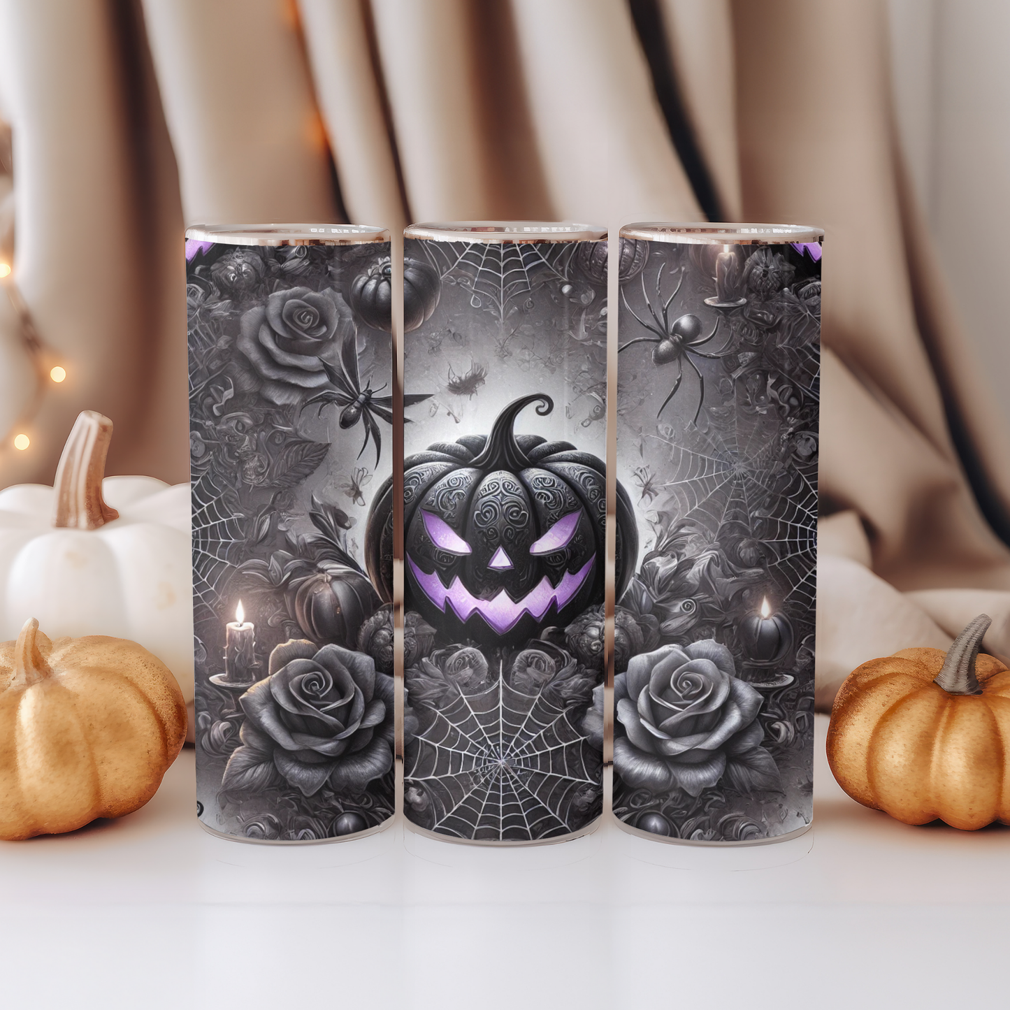 🎃Gothic Halloween Tumbler 20oz – Black Pumpkin with Roses & Candles | Double-walled stainless steel cup with straw