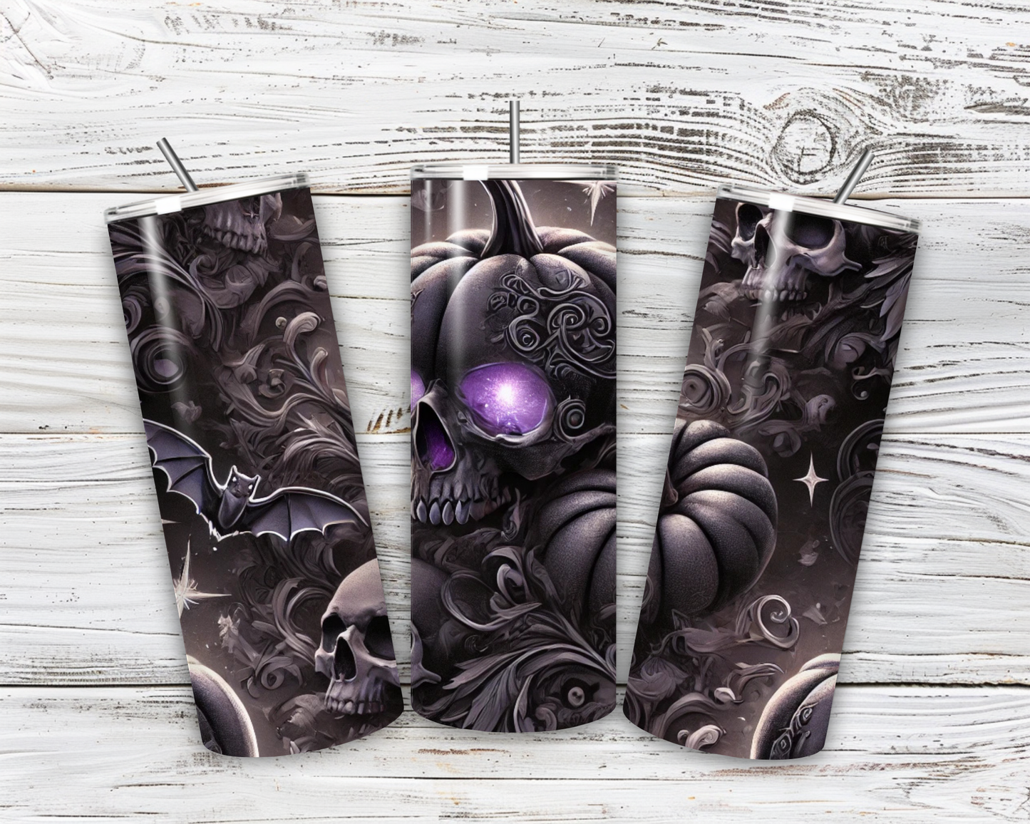 💀Gothic Halloween Tumbler 20oz – Black Pumpkin with Skull & Bat | Stainless Steel Cup with Purple Glow