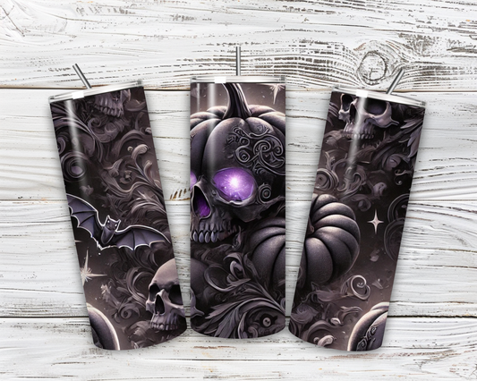 💀Gothic Halloween Tumbler 20oz – Black Pumpkin with Skull & Bat | Stainless Steel Cup with Purple Glow