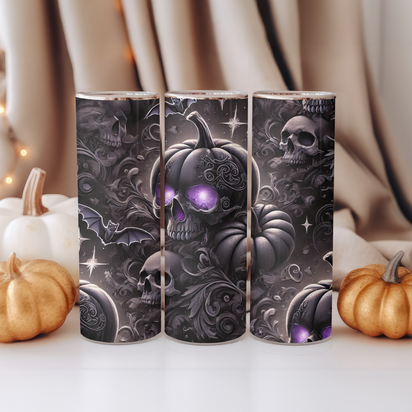💀Gothic Halloween Tumbler 20oz – Black Pumpkin with Skull & Bat | Stainless Steel Cup with Purple Glow