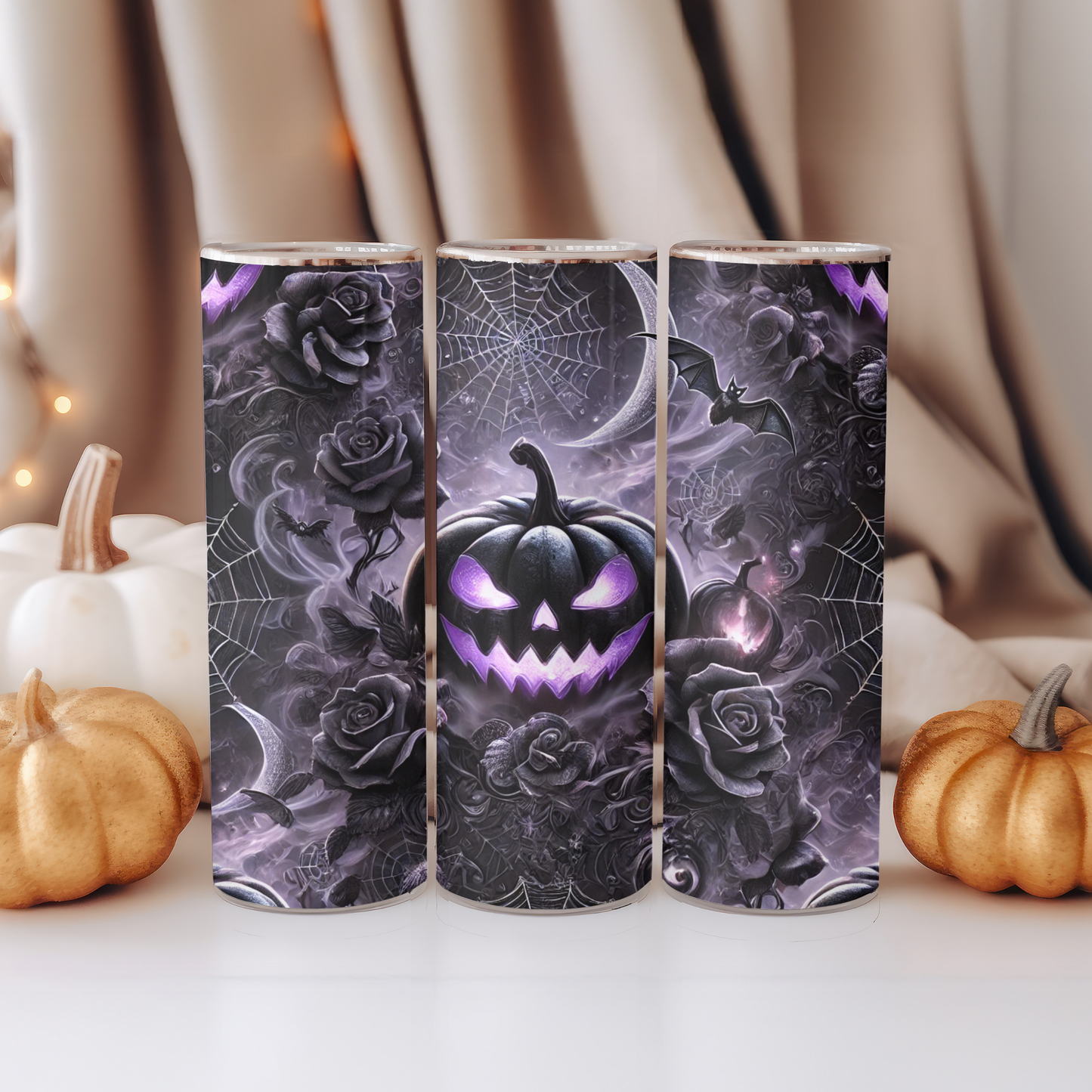 🎃Gothic Halloween Tumbler 20oz – Black pumpkin with bats and roses | Stainless steel mug with purple glow