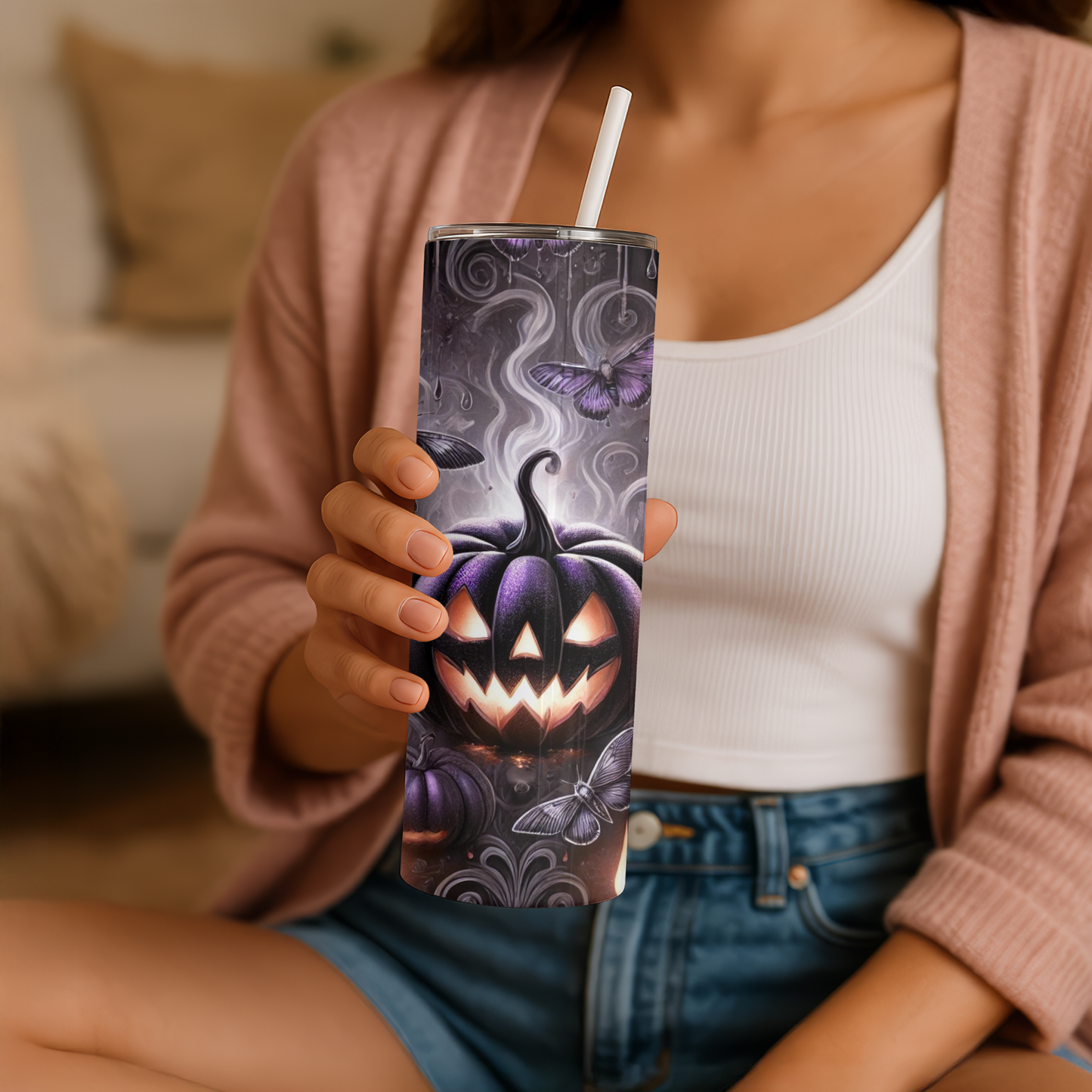🕯️Gothic Halloween Tumbler 20oz – Black Pumpkin with Candles & Butterflies | Double-Walled Stainless Steel Mug