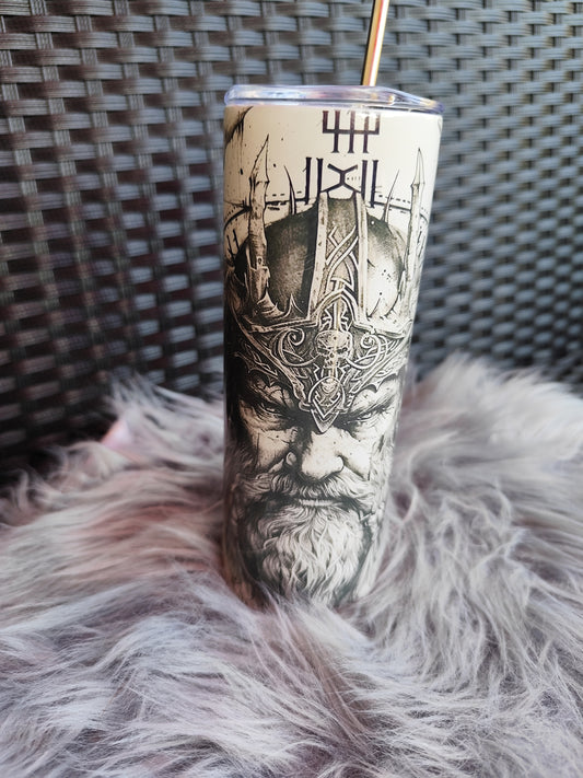 Viking Tumbler 20oz – Odin Design, Stainless Steel Thermo Mug with Straw, Nordic Runes & Viking Art