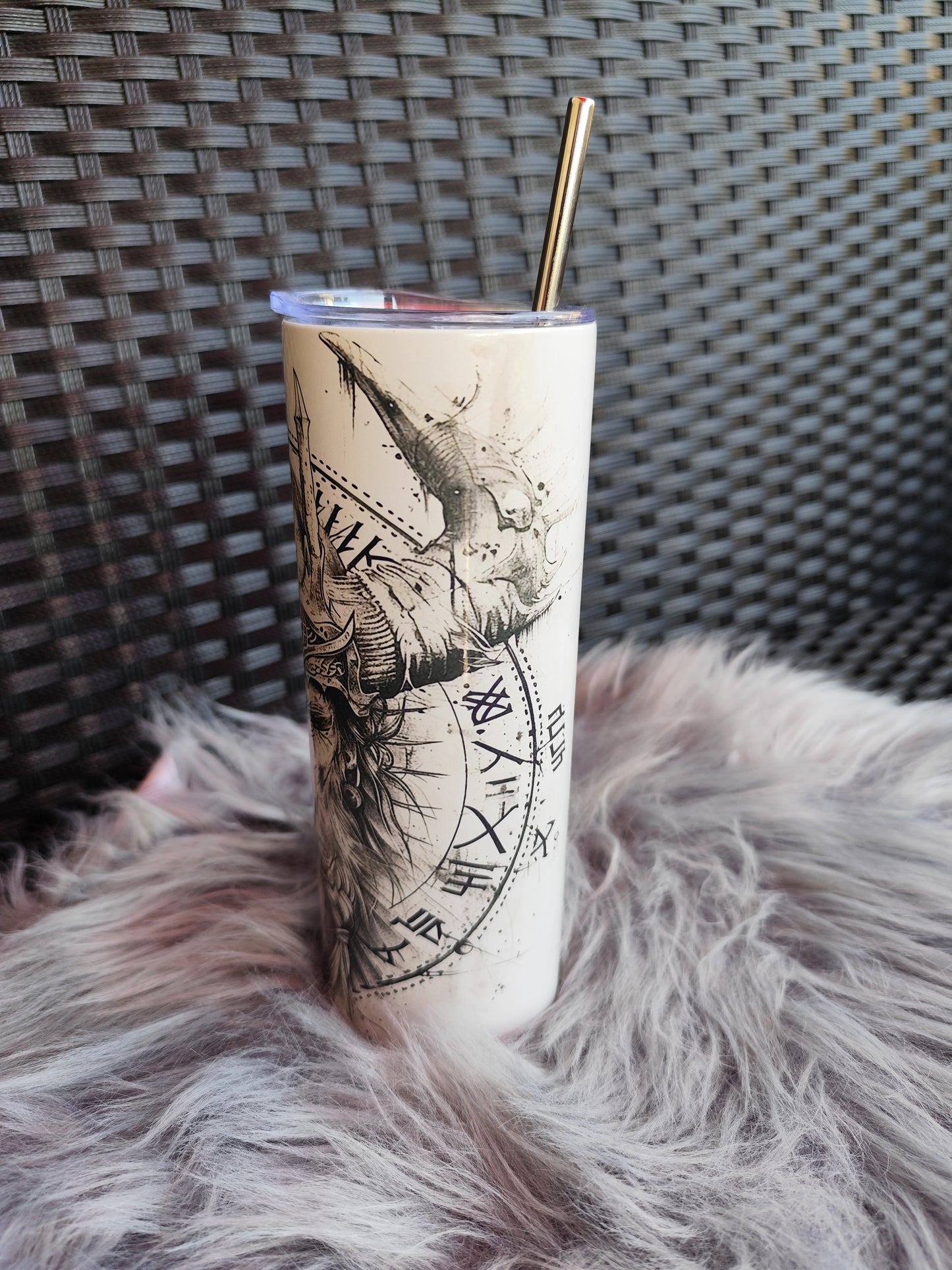 Viking Tumbler 20oz – Odin Design, Stainless Steel Thermo Mug with Straw, Nordic Runes & Viking Art