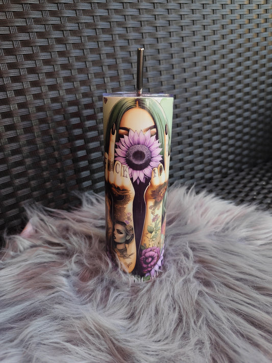 Frecher Becher mit Spruch & Tattoo-Design | 20oz Edelstahl Tumbler mit Strohhalm | Geschenk für starke Frauen | Sunflower Cup
