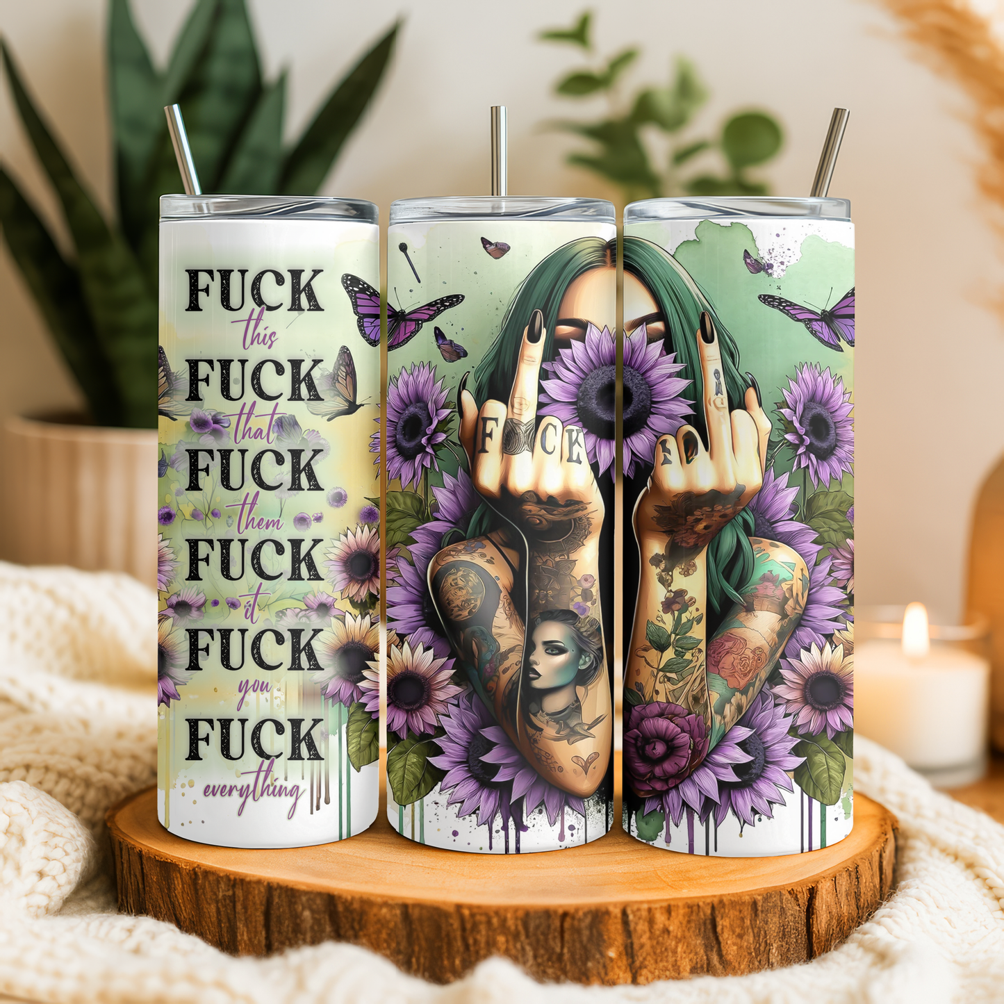 Frecher Becher mit Spruch & Tattoo-Design | 20oz Edelstahl Tumbler mit Strohhalm | Geschenk für starke Frauen | Sunflower Cup
