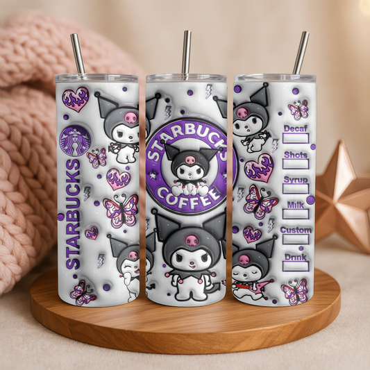 Kuromi Tumbler 20oz | Kawaii Becher mit Strohhalm & Deckel | Verschiedene Kuromi Designs | Thermobecher für Sanrio und Hello Kitty Fans