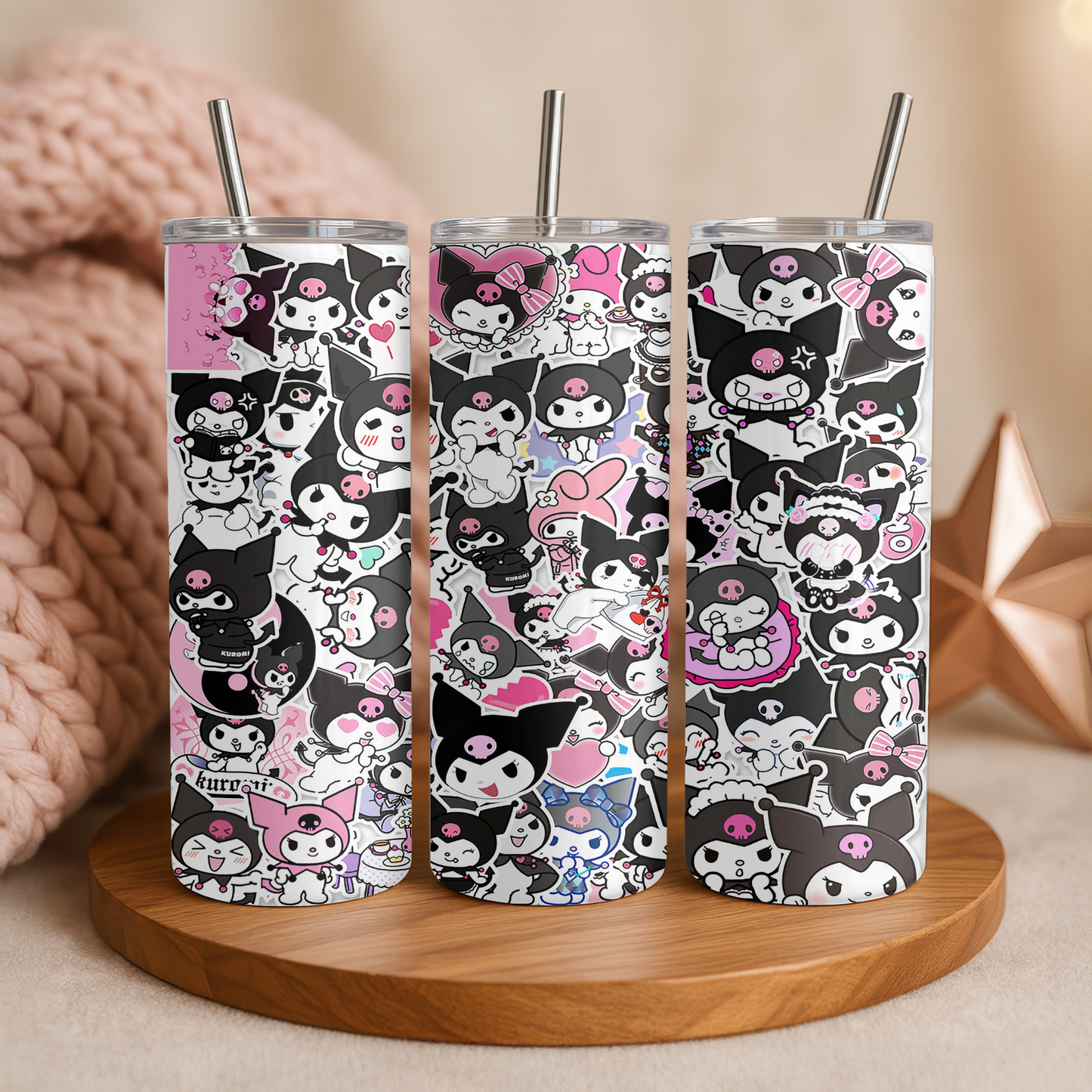 Kuromi Tumbler 20oz | Kawaii Becher mit Strohhalm & Deckel | Verschiedene Kuromi Designs | Thermobecher für Sanrio und Hello Kitty Fans