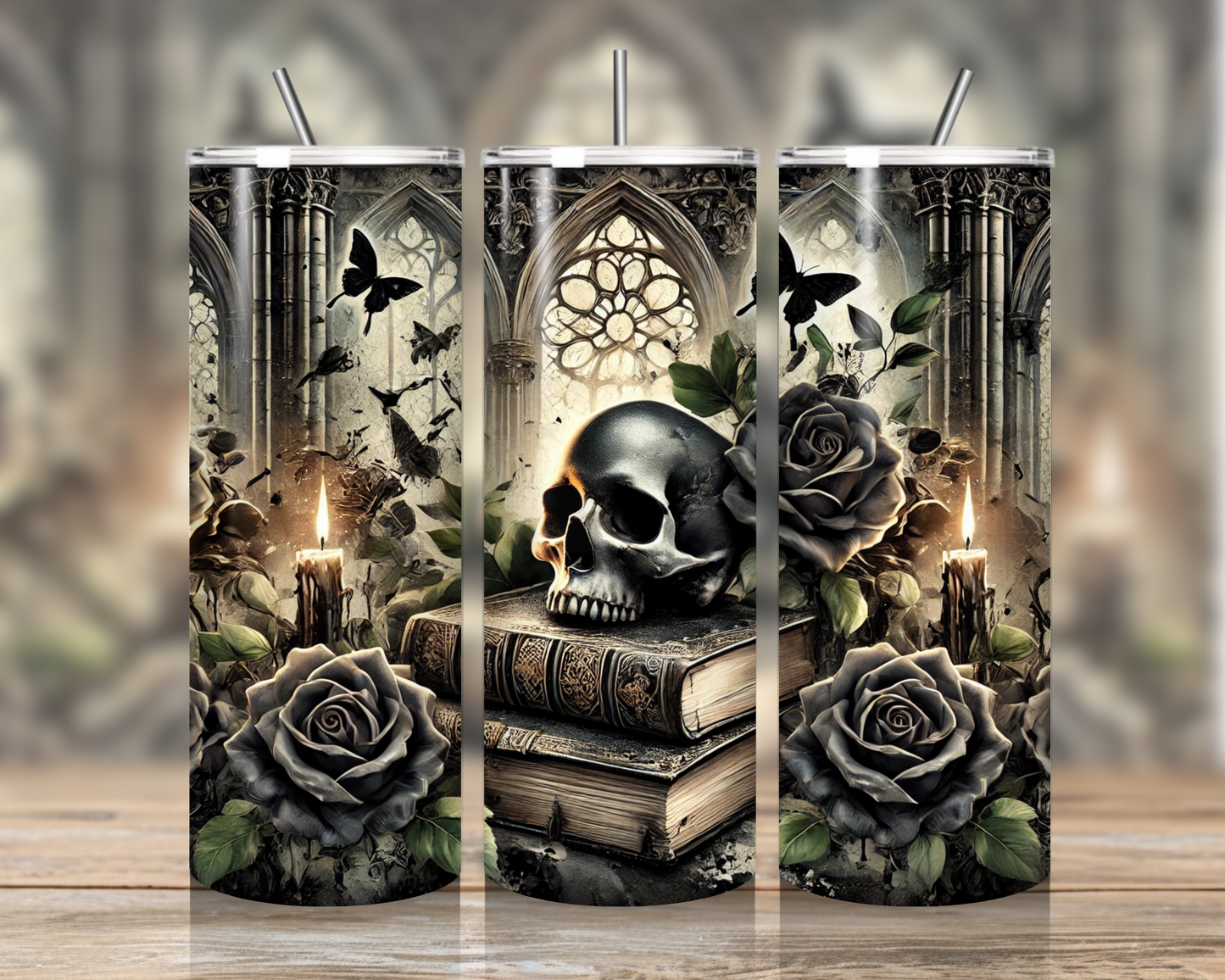 Gothic Tumbler 20oz – Edelstahl Becher mit Deckel und Strohhalm, Skull und Rosen Design, Dark Academia Geschenk, Halloween Thermobecher