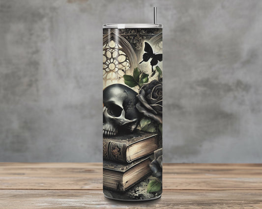 Gothic Skull und Roses Tumbler Wrap | Dark Academia 20oz Skinny Tumbler Sublimation Design | Black Roses, Books & Candles | Digital Download PNG